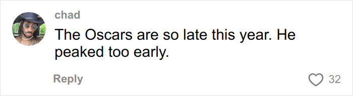 Comment on social media showing user Chad criticizing Timothée Chalamet's Oscar chances due to an arrogant streak.