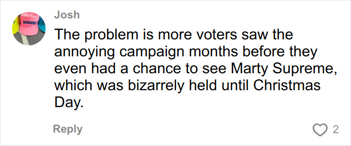 Commenter Josh expressing frustration about the impact of an early campaign on Timothée Chalamet’s Oscar chances.