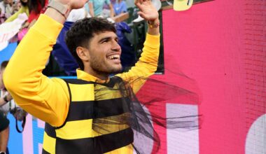 Carlos Alcaraz wears a bee costume following his Indian Wells quarter-final win against Cameron Norrie.