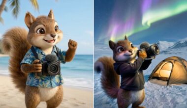 A cartoon squirrel holding a camera stands on a tropical beach in a Hawaiian shirt (left) and in snowy mountains by a tent under northern lights wearing a hoodie (right).