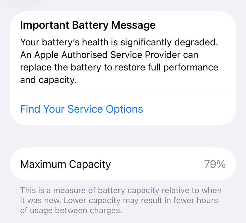 An iPhone battery health warning showing that the battery must be serviced.