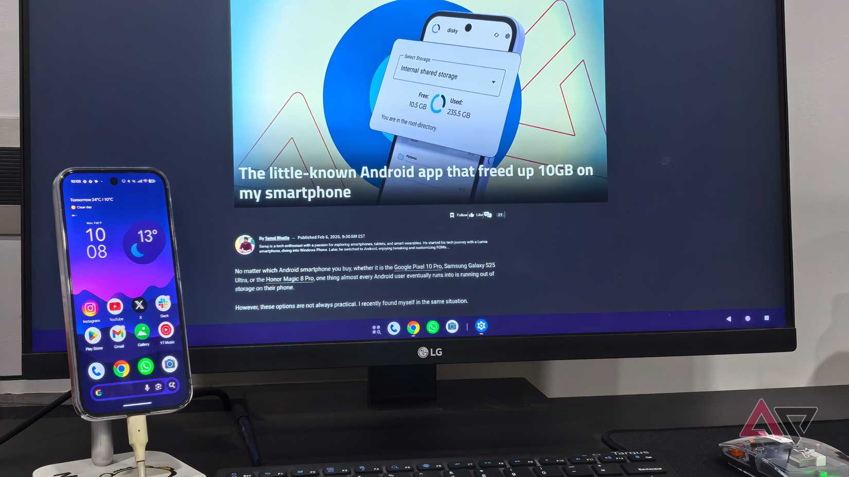 Android desktop mode showing article open on external display