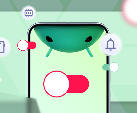 Android mascot peeking from a smartphone surrounded by disabled toggle switches