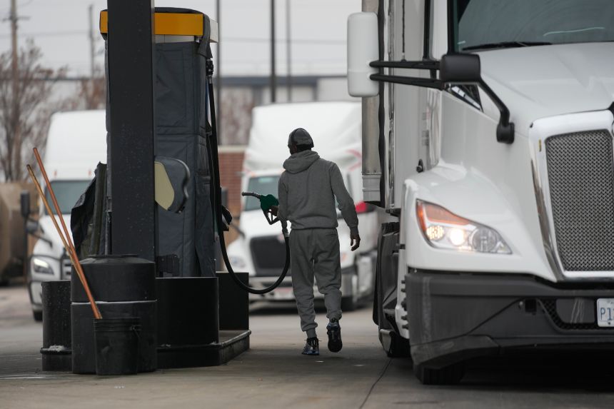 A truck is fueled at a gas station and truck stop on March 3, 2026, in Elk Grove Village, Illinois.
