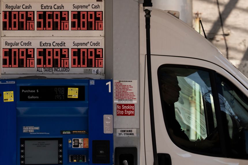 A gas station in New York on March 10, 2026. Gas prices have already risen 58 cents a gallon since the start of the war in Iran last month.