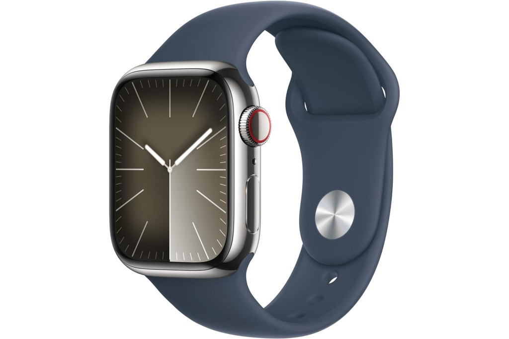 Apple Watch Series 9 with a silver casing and a dark blue silicone band.