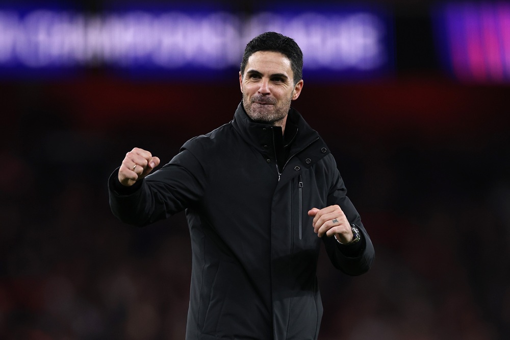 Mikel Arteta, Manager of Arsenal, celebrates after the team's victory in the UEFA Champions League 2025/26 Round of 16 Second Leg match between Arsenal FC and Bayer 04 Leverkusen at Arsenal Stadium on March 17, 2026 in London, England. (Photo by Justin Setterfield/Getty Images)