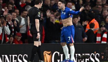 Pedro Neto of Chelsea reacts towards Referee Darren England after showing him a red card during the Premier League match between Arsenal and Chelse...