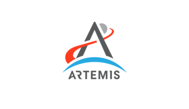 Artemis Logo - red rocket trail, blue arch that represents earth, ARTEMIS text, gray half sphere on a white background