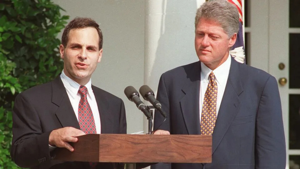 Louis Freeh, President Bill Clinton's choice to head the FBI, speaks next to the president on July 20, 1993, in the Rose Garden of the White House. - Ron Edmonds/AP/File
