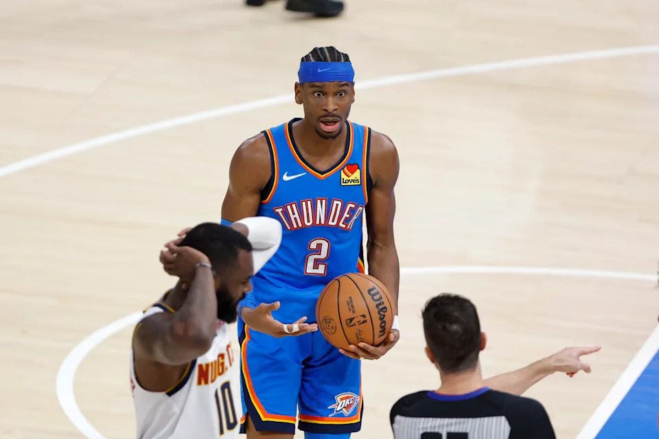 Mar 9, 2026; Oklahoma City, Oklahoma, USA; Oklahoma City Thunder guard Shai Gilgeous-Alexander (2) reacts after a call against him after a play against the Denver Nuggets during the second half at Paycom Center. Mandatory Credit: Alonzo Adams-Imagn Images