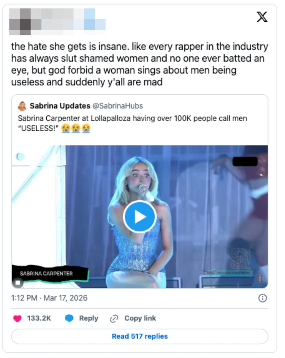 Twitter post expressing frustration over criticism of female artists versus male rappers. Includes a post about Sabrina Carpenter at Lollapalooza