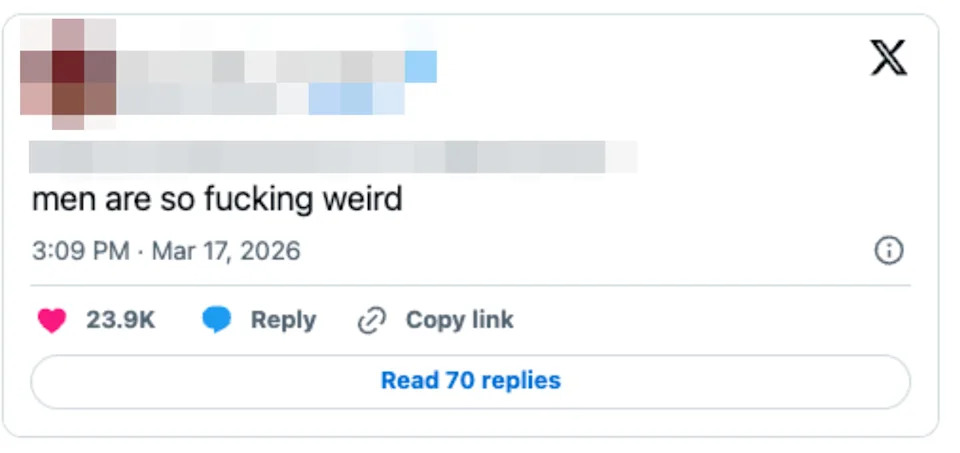 Tweet by @lilcitveniceb, replying to two users, stating: "men are so ******* weird."