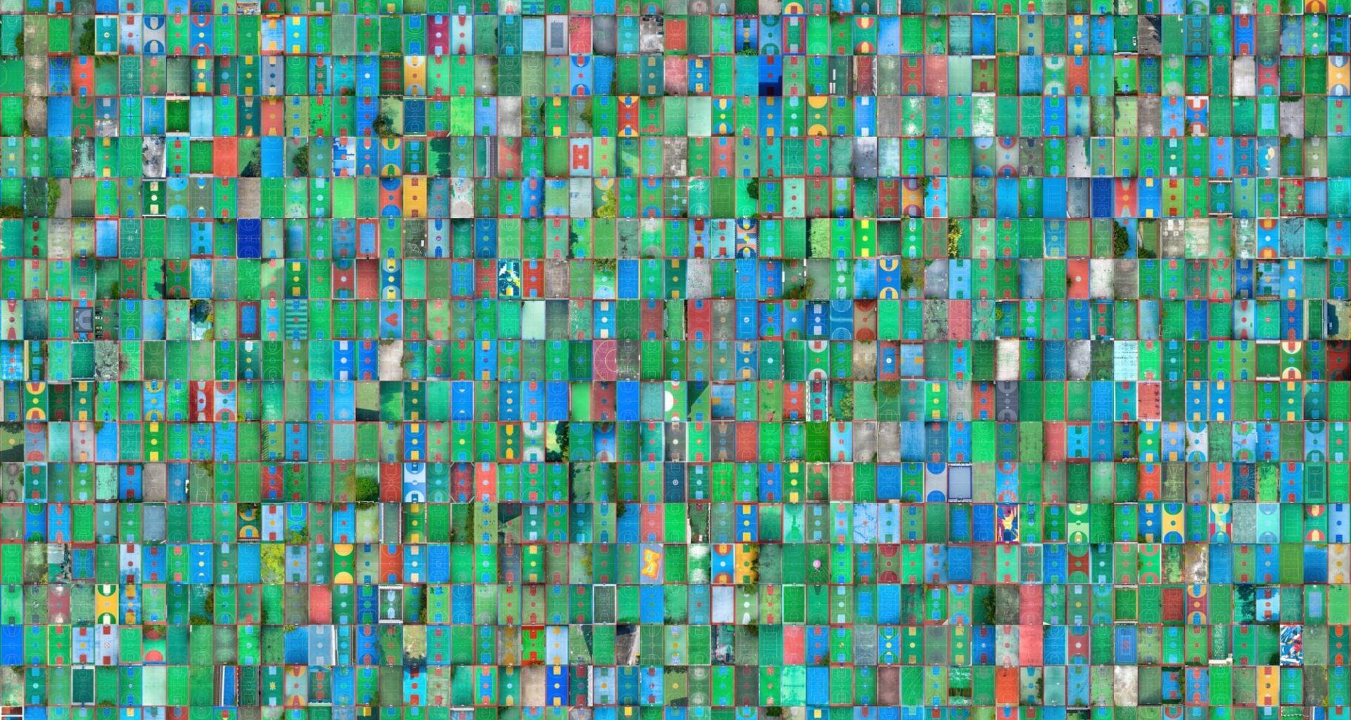 A composite image of hundreds of colorful basketball courts, photographed from above, to create a huge grid