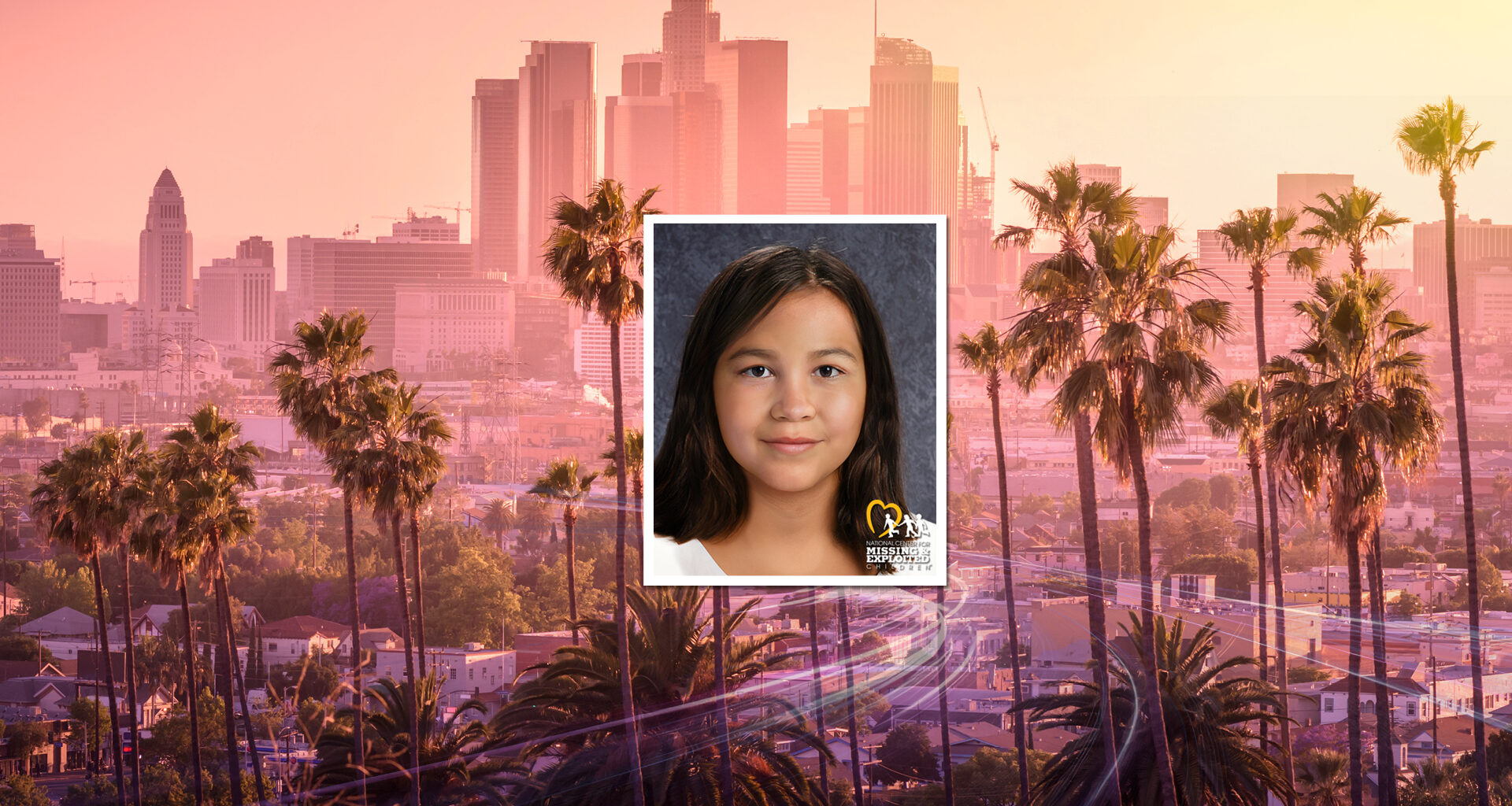 age progression of karen with shoulder length brown wavy hair; LA skyline and palm trees in background