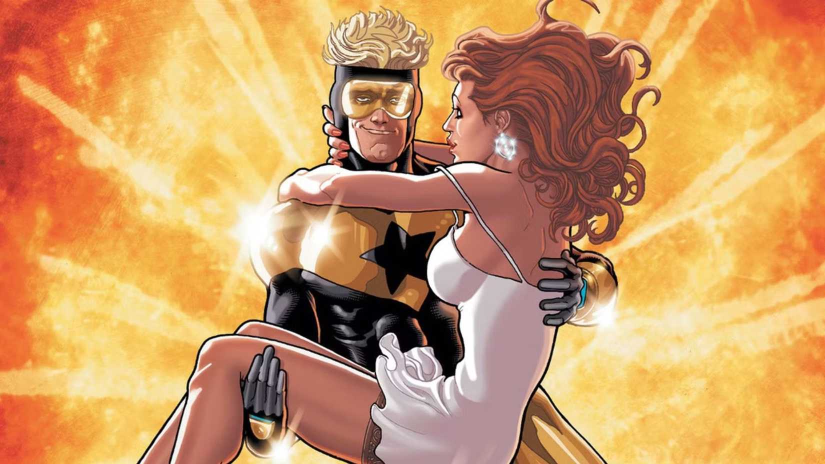 Booster Gold carrying a woman. An explosion is going off behind them.