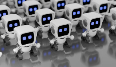 Aerial view of a large number of miniature ai chatbots