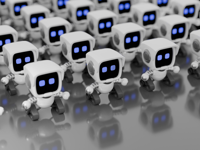 Aerial view of a large number of miniature ai chatbots