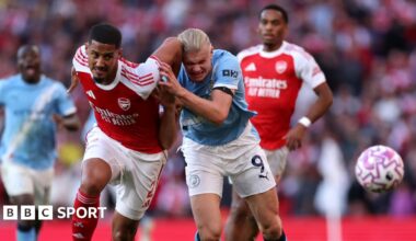 William Saliba of Arsenal battles for possession with Erling Haaland of Manchester City during the Premier League match between Arsenal and Manchester City at Emirates Stadium on September 21, 2025