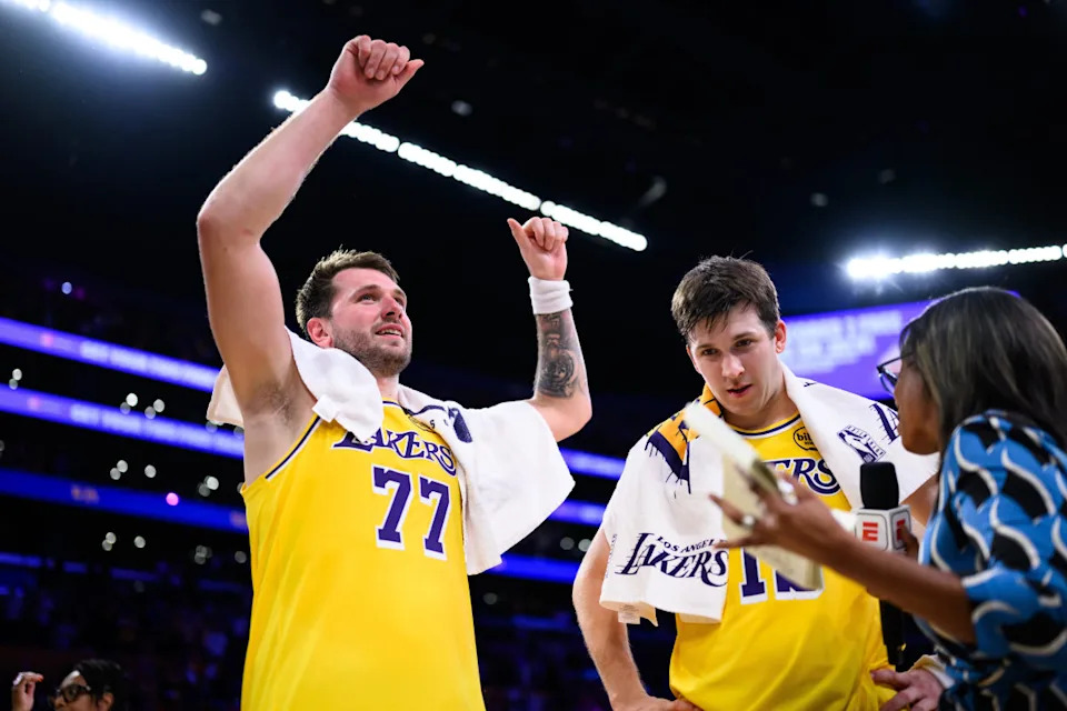 Los Angeles Lakers guards Luka Doncic and Austin Reaves interviewed after winWilliam Liang-Imagn Images
