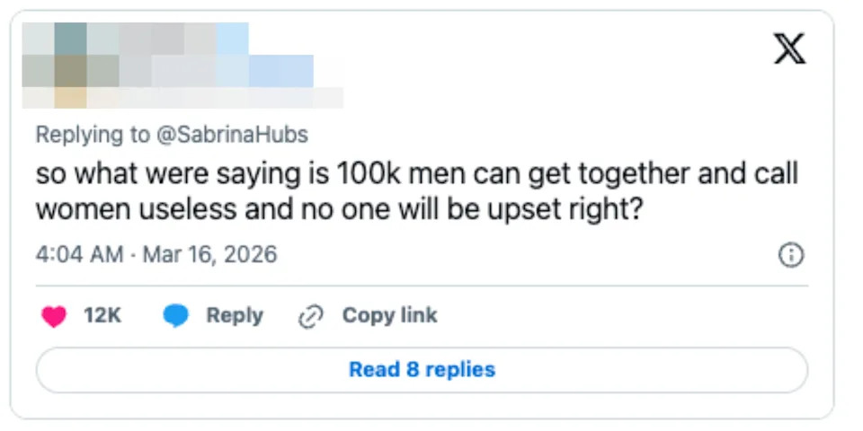 Tweet expressing criticism about 100k men gathering to call women useless, questioning the lack of backlash