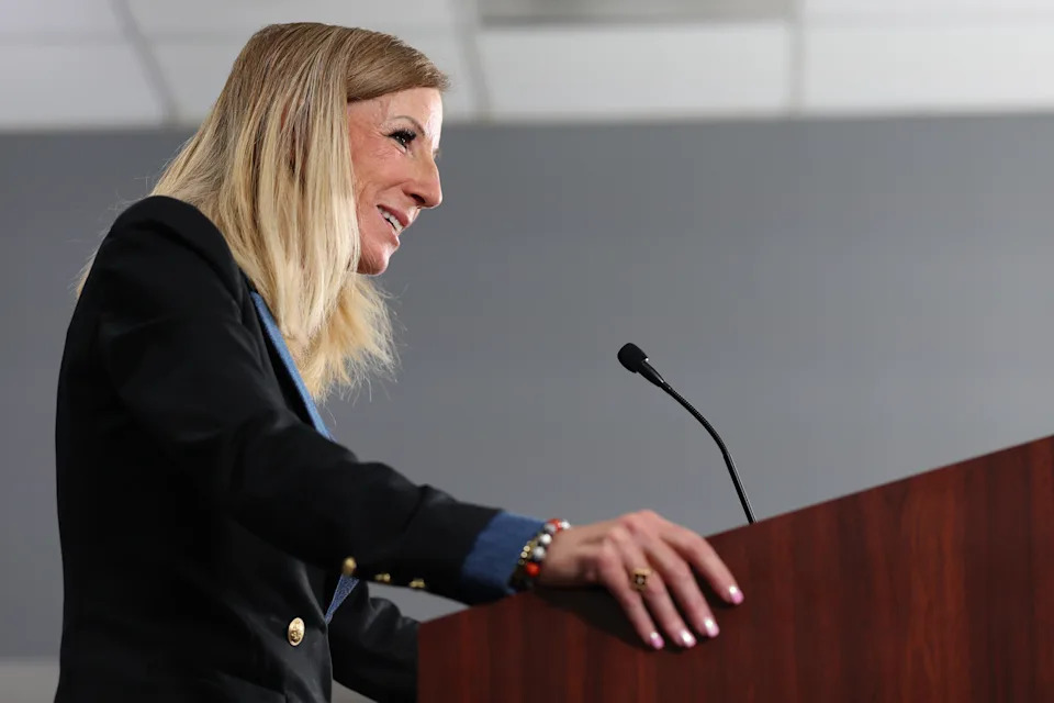 LAS VEGAS, NEVADA - OCTOBER 03: WNBA Commissioner Cathy Engelbert speaks to the media ahead of Game One of the 2025 WNBA Playoffs finals between the Las Vegas Aces and the Phoenix Mercury at Michelob ULTRA Arena on October 03, 2025 in Las Vegas, Nevada.  NOTE TO USER: User expressly acknowledges and agrees that, by downloading and or using this photograph, User is consenting to the terms and conditions of the Getty Images License Agreement. (Photo by Ian Maule/Getty Images)