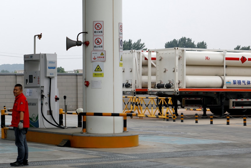 Hydrogen trailers at a hydrogen refuelling station.