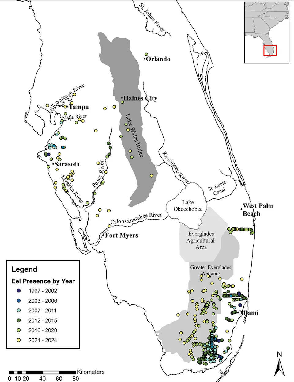 A map showing the spread of swamp eels in Florida.