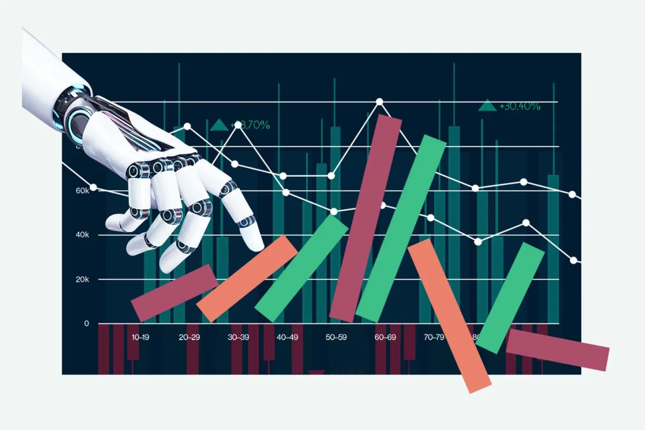 Illustration of a robot hand over a graph with bars and line charts.