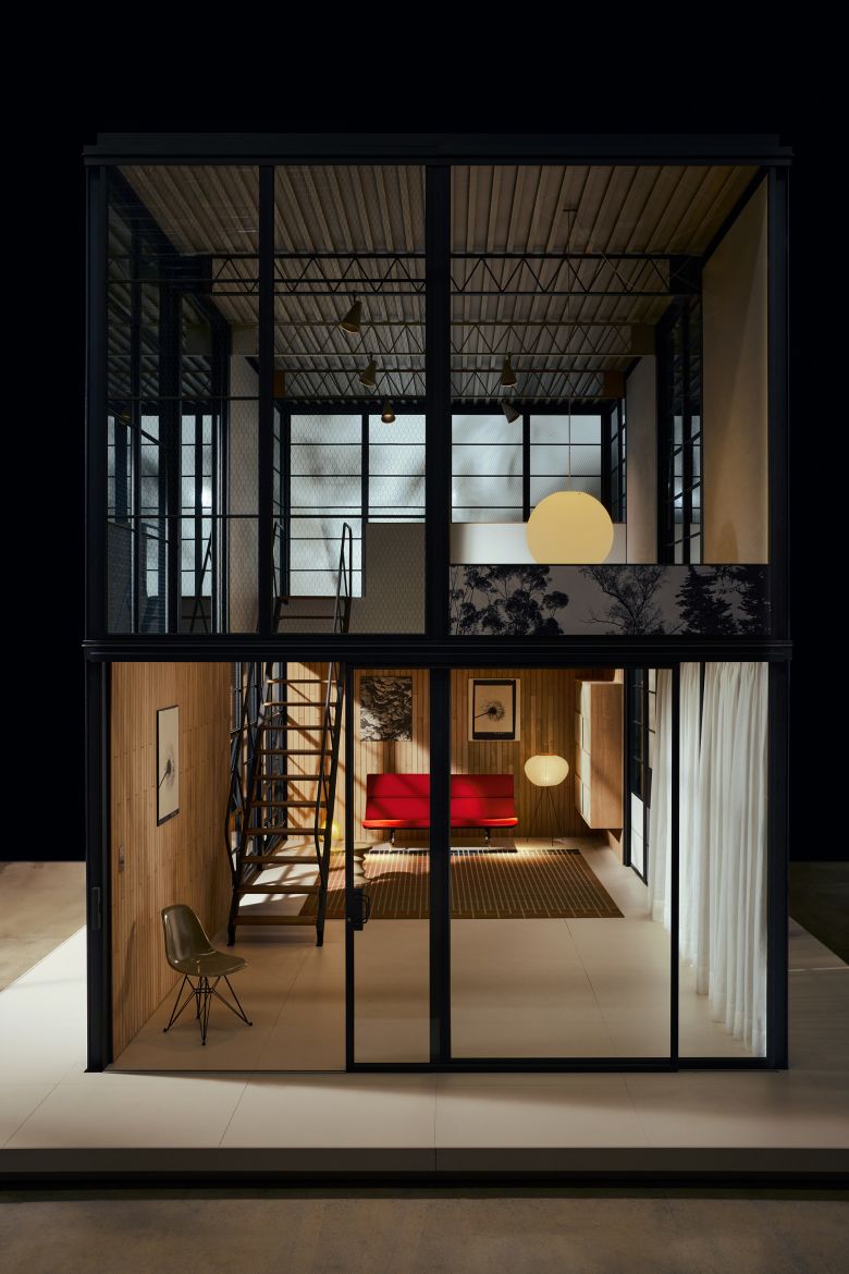 View into the double-height space of the Eames Pavilion prototype, 2026.