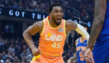 Cleveland Cavaliers guard Donovan Mitchell (45) reacts after dunking in the first half of an NBA basketball game against the New York Knicks in Cleveland, Tuesday, Feb. 24, 2026. (AP Photo/Sue Ogrocki)