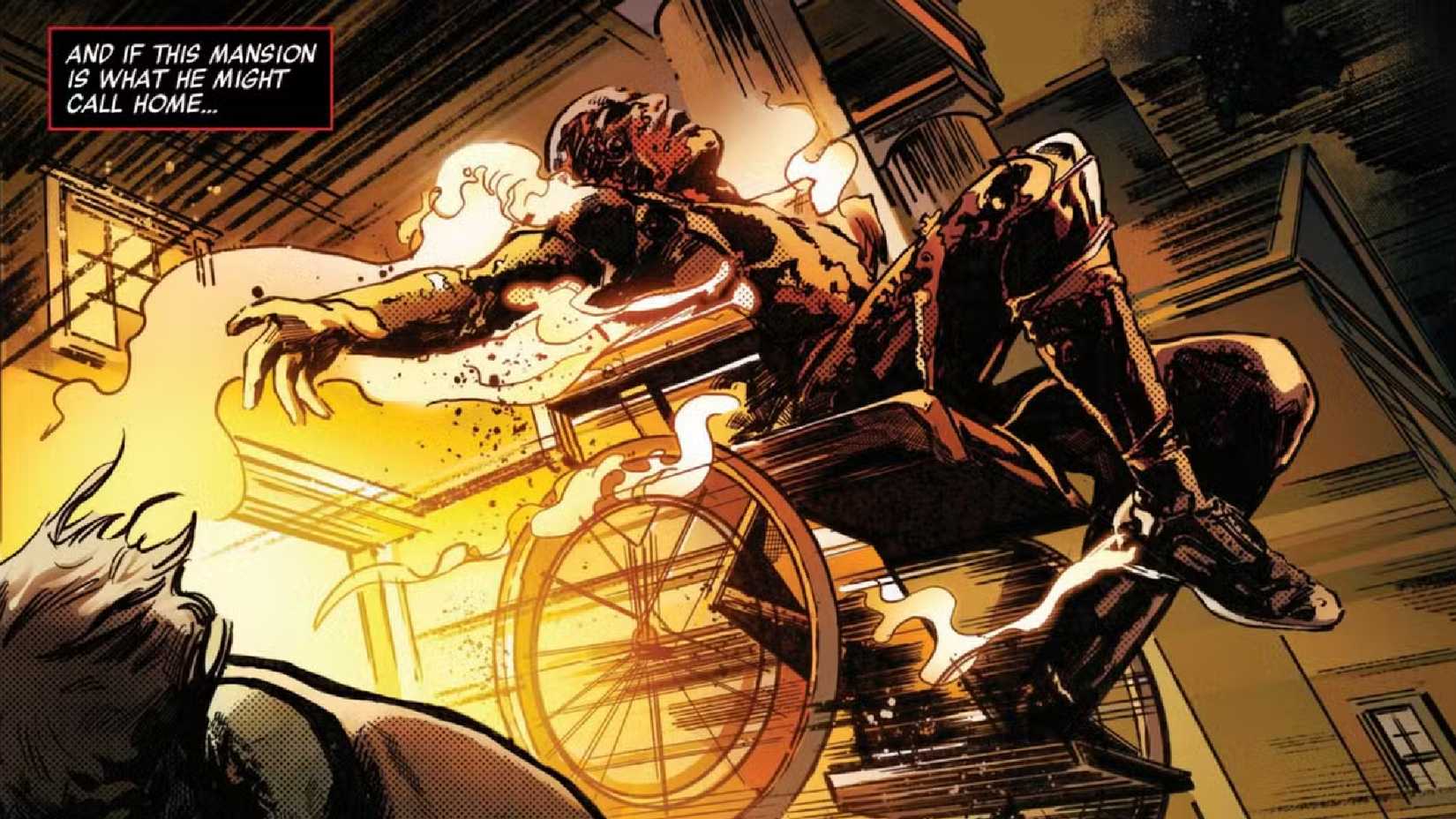 Charles Xavier aka Professor X burns in his wheelchair as he's shot from his mansion in Predator Kills the Marvel Universe