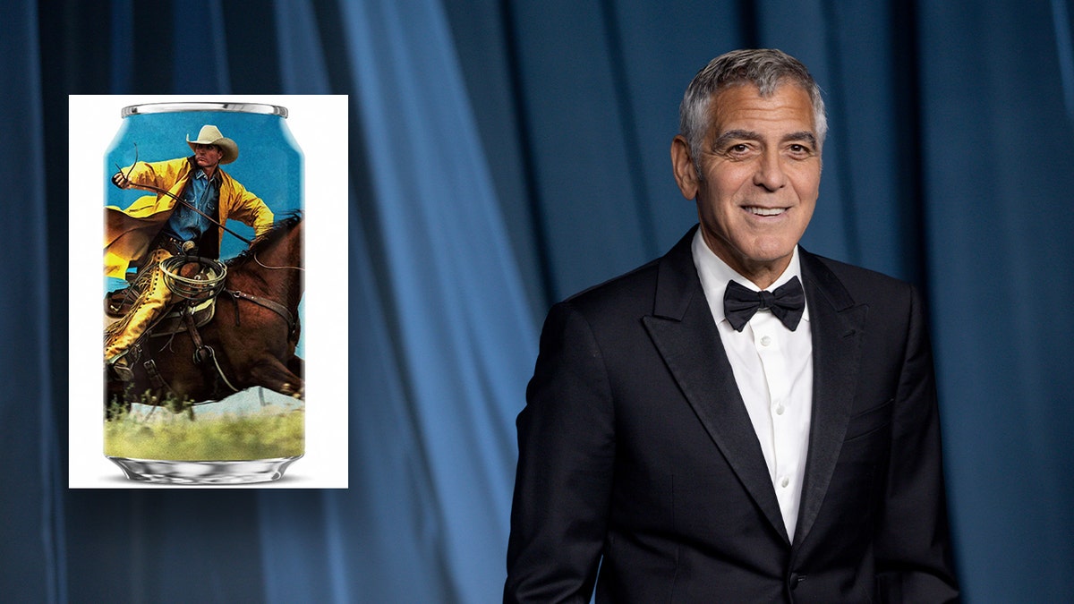 An inset of George Clooney's new non-alcoholic beer called Crazy Mountain with a photo of Clooney at the Academy Awards in a tux in the background.