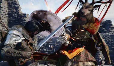 A warrior fights a big guy.