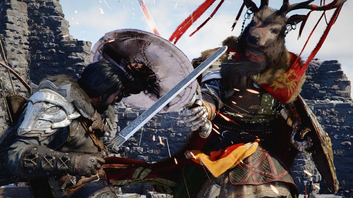 A warrior fights a big guy.