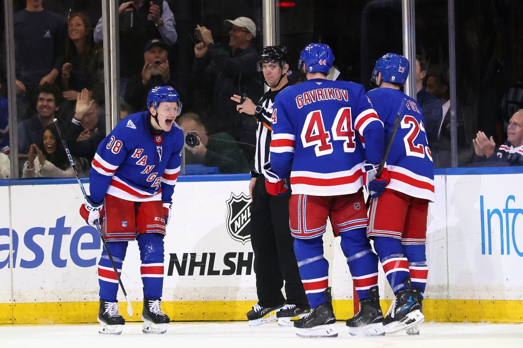 Adam Sykora (38) of the New York Rangers celebrates his third period goal against the Florida Panthers.