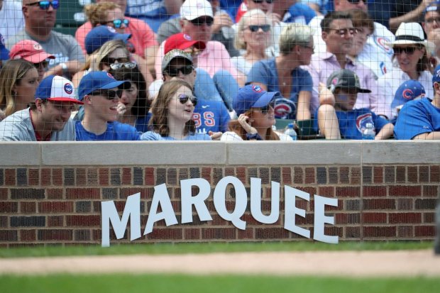 An ad for the Chicago Cubs' Marquee Sports Network on Sunday, Aug. 25, 2019, at Wrigley Field in Chicago. (Brian Cassella/Chicago Tribune)