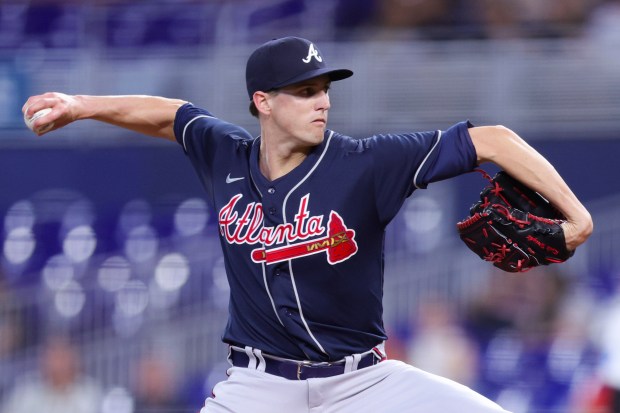 Kyle Wright of the Atlanta Braves pitches against the Miami Marlins during the first inning on May 3, 2023, in Miami. (Megan Briggs/Getty Images)
