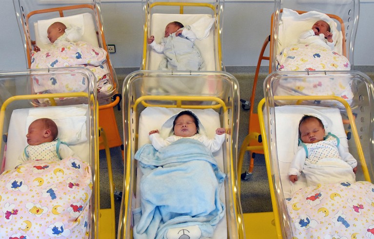 Newly born babies at the St. Elisabeth hospital in Leipzig, Germany lie in their cots.
