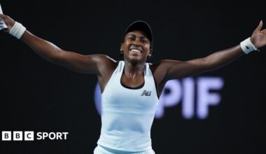 Coco Gauff celebrates her victory at the Miami Open
