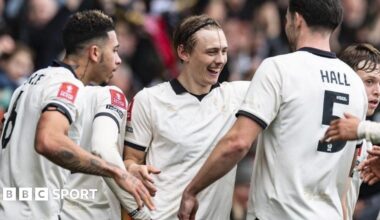 Port Vale's players celebrate after scoring against Sunderland in the FA Cup