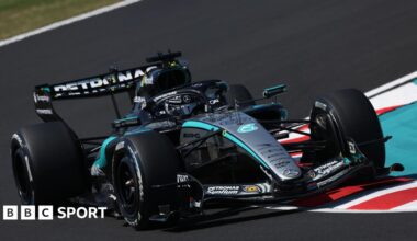 Mercedes' George Russell goes round a corner during first practice for the Japanese Grand Prix