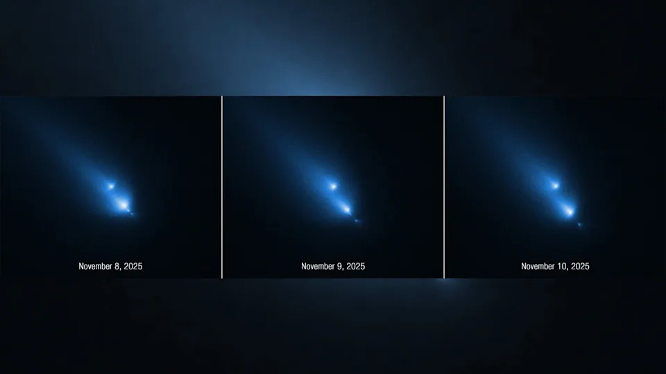 three fuzzy blue splotches of light on a black background, all appearing to leave fuzzy streaks behind them as they travel from top left to bottom right