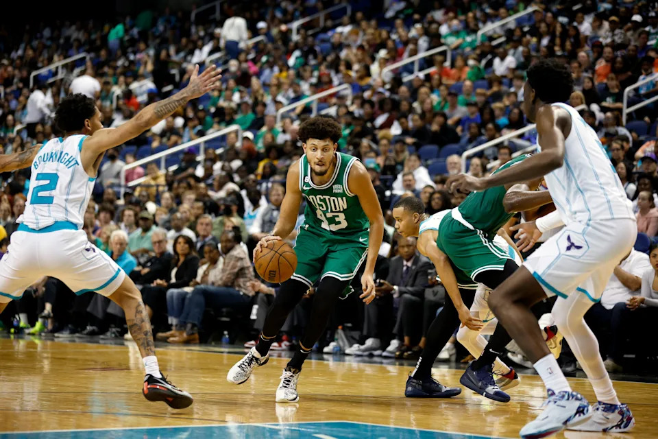 GREENSBORO, NORTH CAROLINA - OCTOBER 07: Justin Jackson #43 of the Boston Celtics drives to the basket during the fourth quarter of the game against the Charlotte Hornets at Greensboro Coliseum Complex on October 07, 2022 in Greensboro, North Carolina. NOTE TO USER: User expressly acknowledges and agrees that, by downloading and or using this photograph, User is consenting to the terms and conditions of the Getty Images License Agreement. (Photo by Jared C. Tilton/Getty Images)