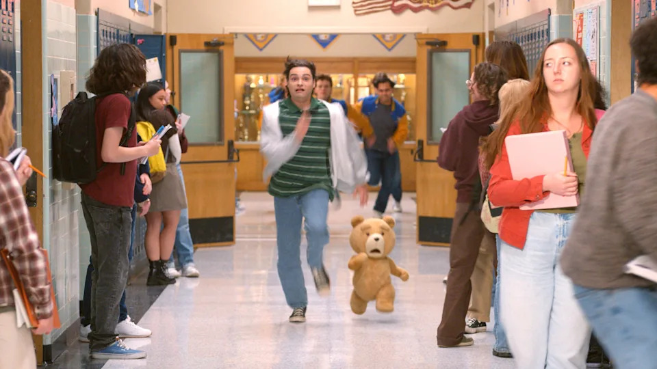 (l-r) Max Burkholder as John and Seth MacFarlane as voice of Ted. / Peacock