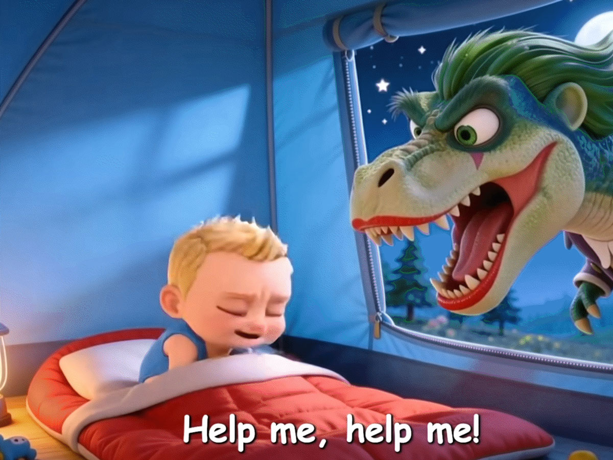Screenshot from one of the YouTube videos where a child is being scared by a T-Rex. 