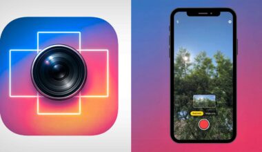 A camera app icon with a lens and neon lines is on the left, while on the right, a smartphone screen shows a camera app taking a photo of trees under a blue sky. Both images have a gradient pink and blue background.