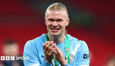 Erling Haaland celebrates winning the Carabao Cup with Manchester City