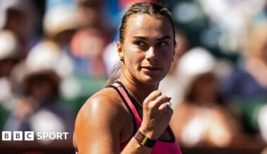 Aryna Sabalenka celebrates after beating Victoria Mboko