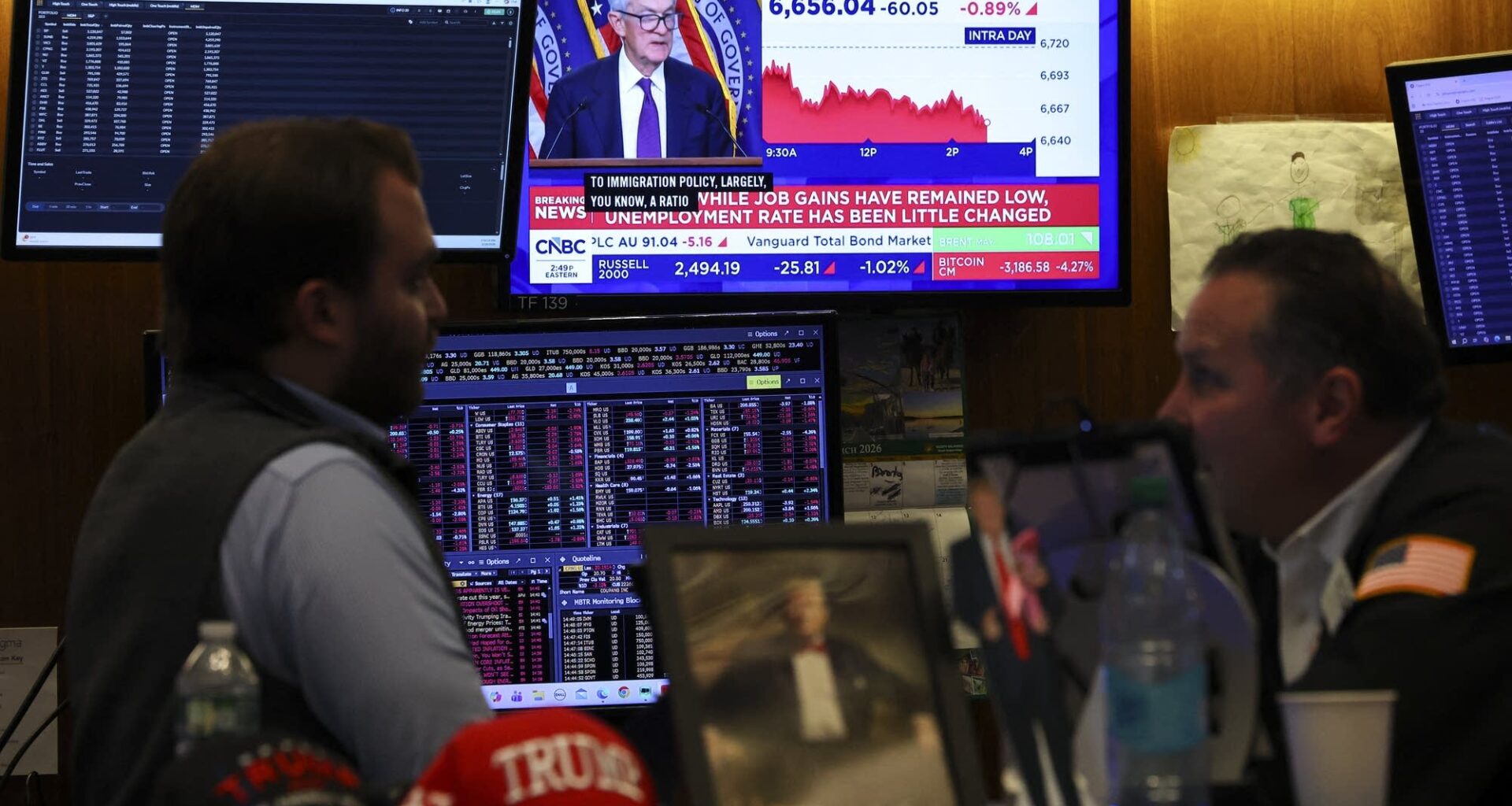 A livestream shows Jerome Powell, chairman of the U.S. Federal Reserve, speaking after the Federal Open Market Committee (FOMC) meeting on the floor of the New York Stock Exchange.